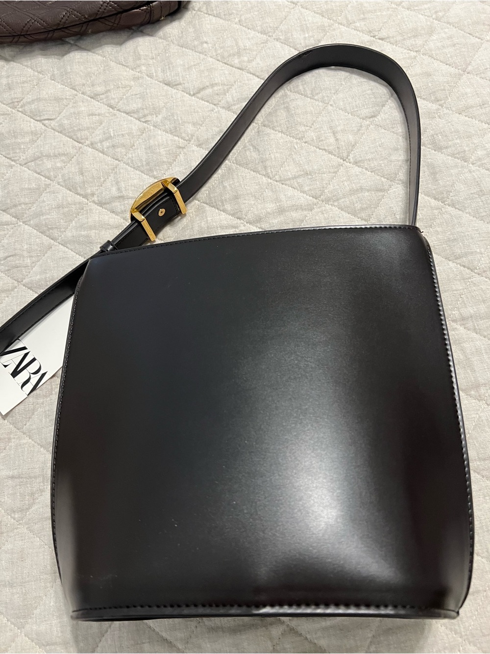 NWT - Zara Dark Brown Leather Shoulder Bag with Gold Buckle